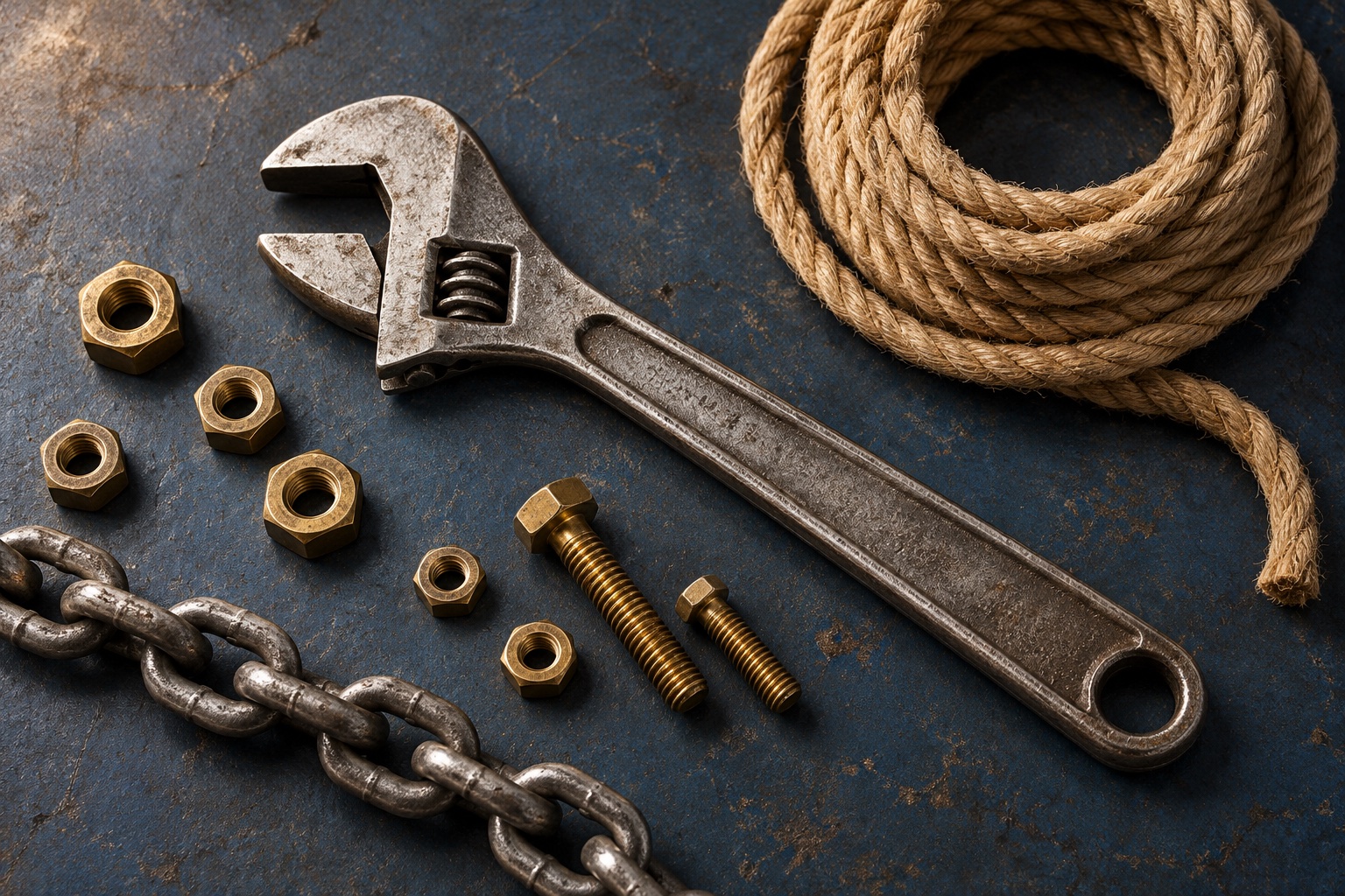 Illustrative still life of a wrench, rope, brass fasteners and chain on a blue workbench